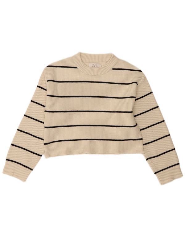 Zara Girls Crew Neck Jumper Sweater 11-12 Years White Striped Viscose