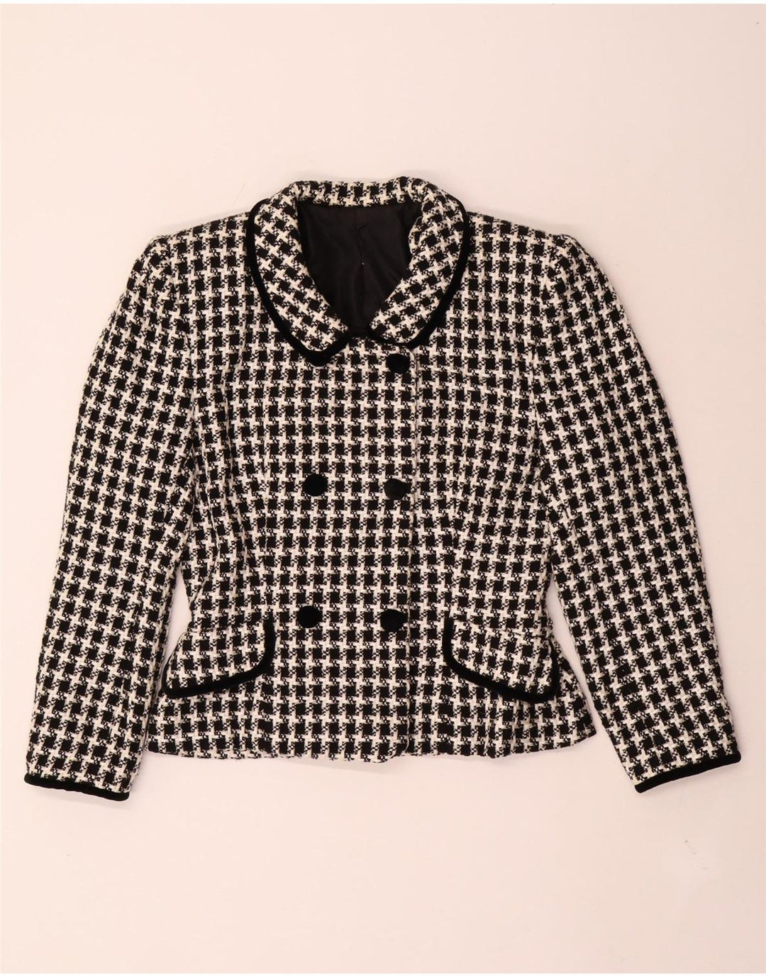 Vintage Womens Double Breasted Blazer Jacket UK 14 Medium Black Houndstooth