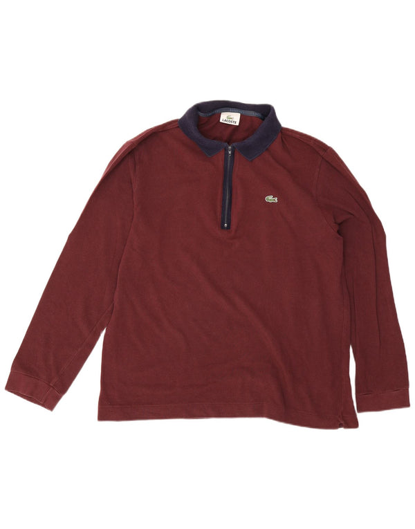 Lacoste Mens Long Sleeve Rugby Polo Shirt Size 5 Large Burgundy Colourblock