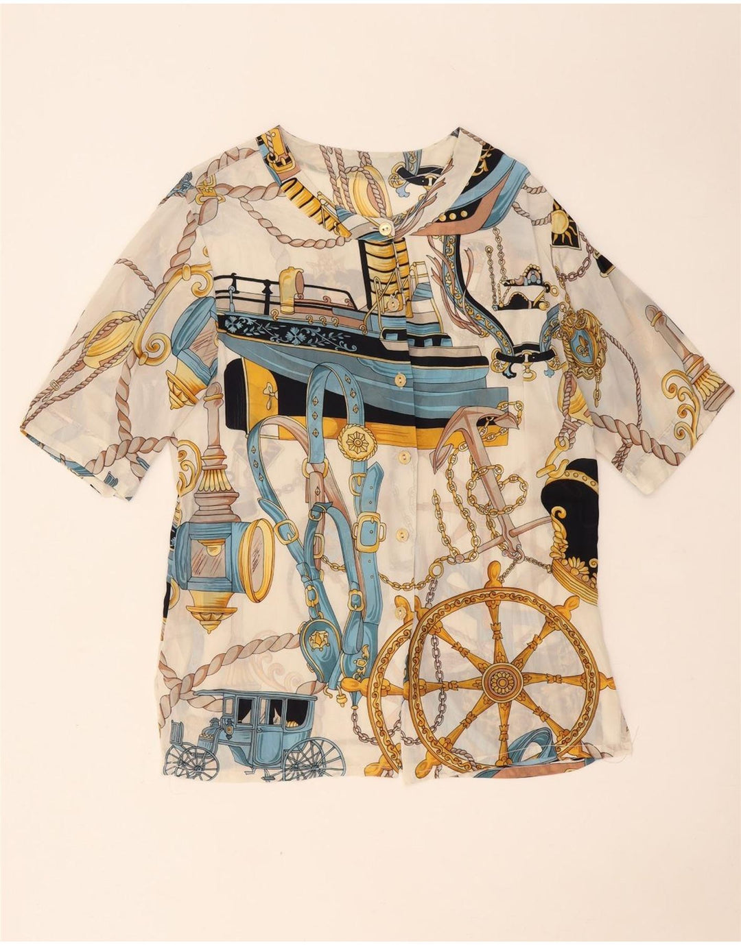 Vintage Womens Abstract Pattern Short Sleeve Shirt Blouse UK 14 Large White