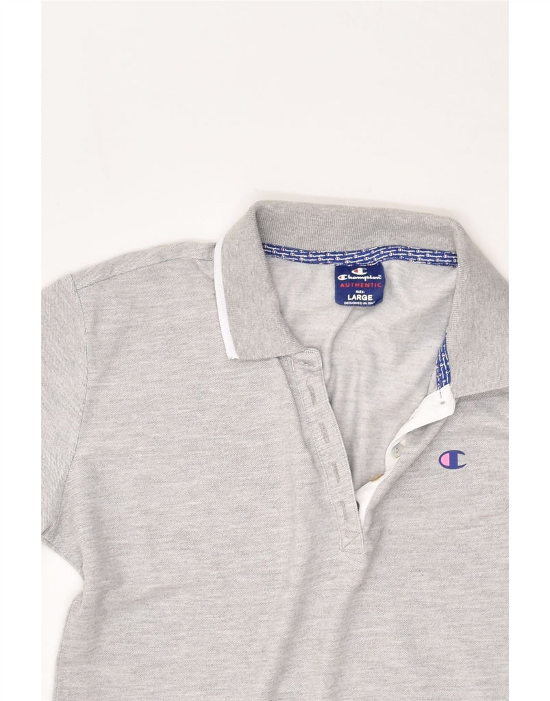 CHAMPION Womens Polo Shirt UK 14 Large Grey Cotton | Vintage Champion | Thrift | Second-Hand Champion | Used Clothing | Messina Hembry 