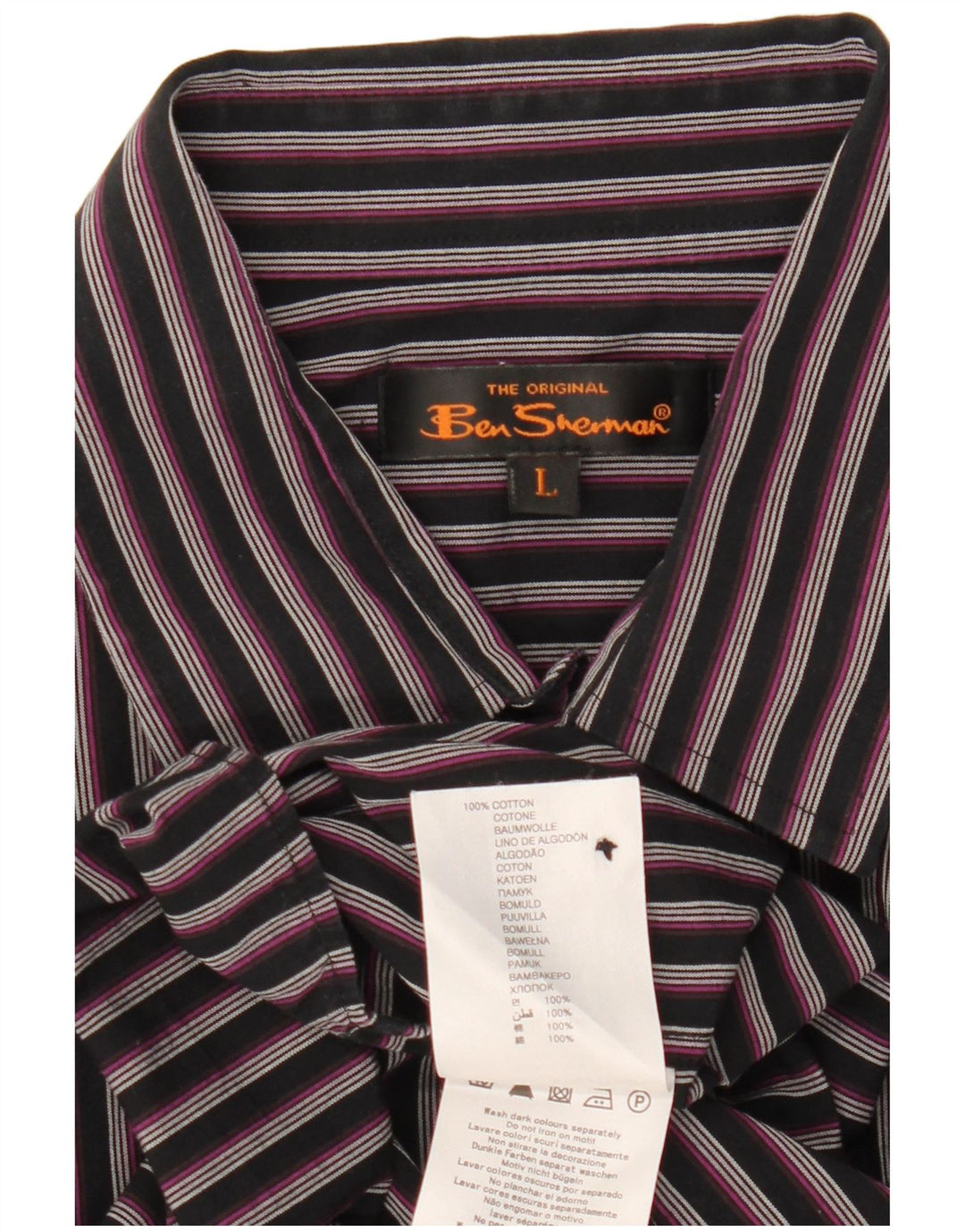 Ben Sherman Mens Short Sleeve Shirt Large Black Striped Cotton