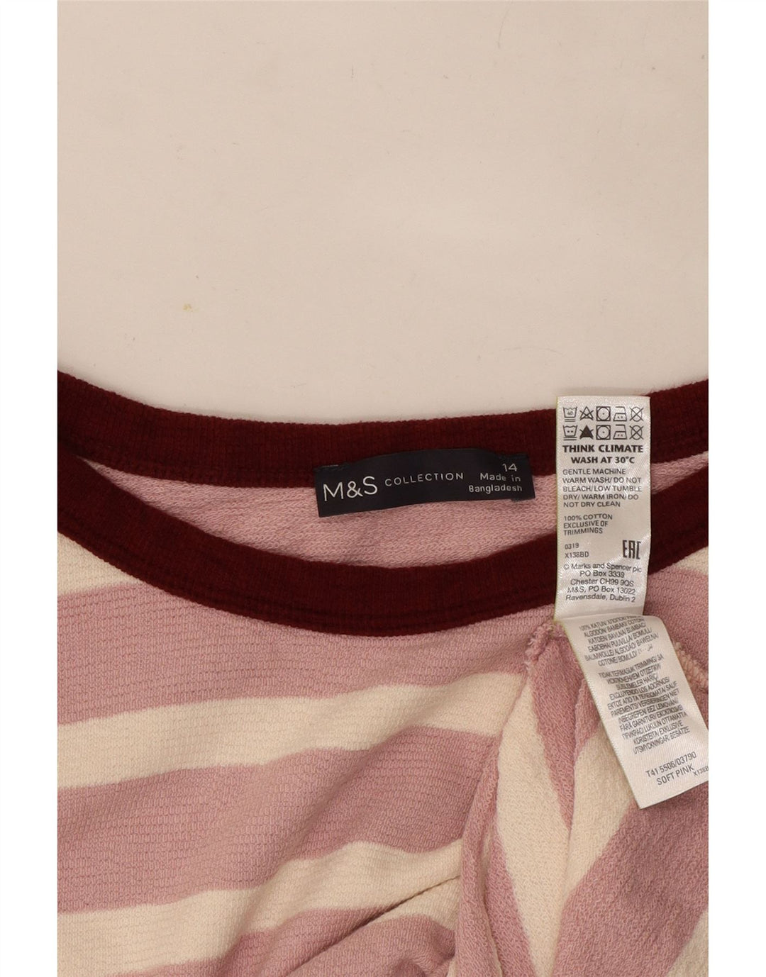Marks & Spencer Womens Top Long Sleeve UK 14 Large  Pink Striped Cotton