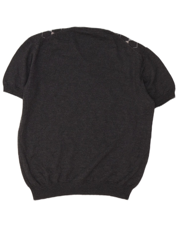 VINTAGE Womens V-Neck Jumper Sweater UK 16 Large Grey Argyle/Diamond