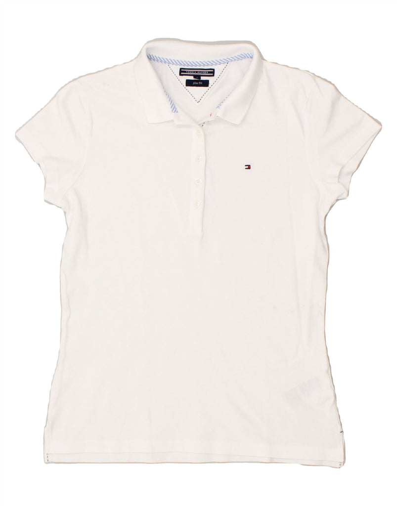 TOMMY HILFIGER Womens Slim Fit Polo Shirt UK 12 Medium White Cotton | Vintage Tommy Hilfiger | Thrift | Second-Hand Tommy Hilfiger | Used Clothing | Messina Hembry 