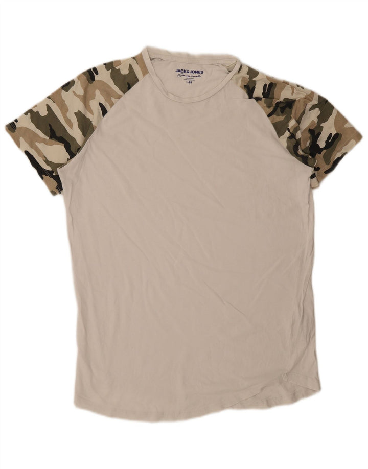 JACK & JONES Mens T-Shirt Top Medium White Camouflage Cotton