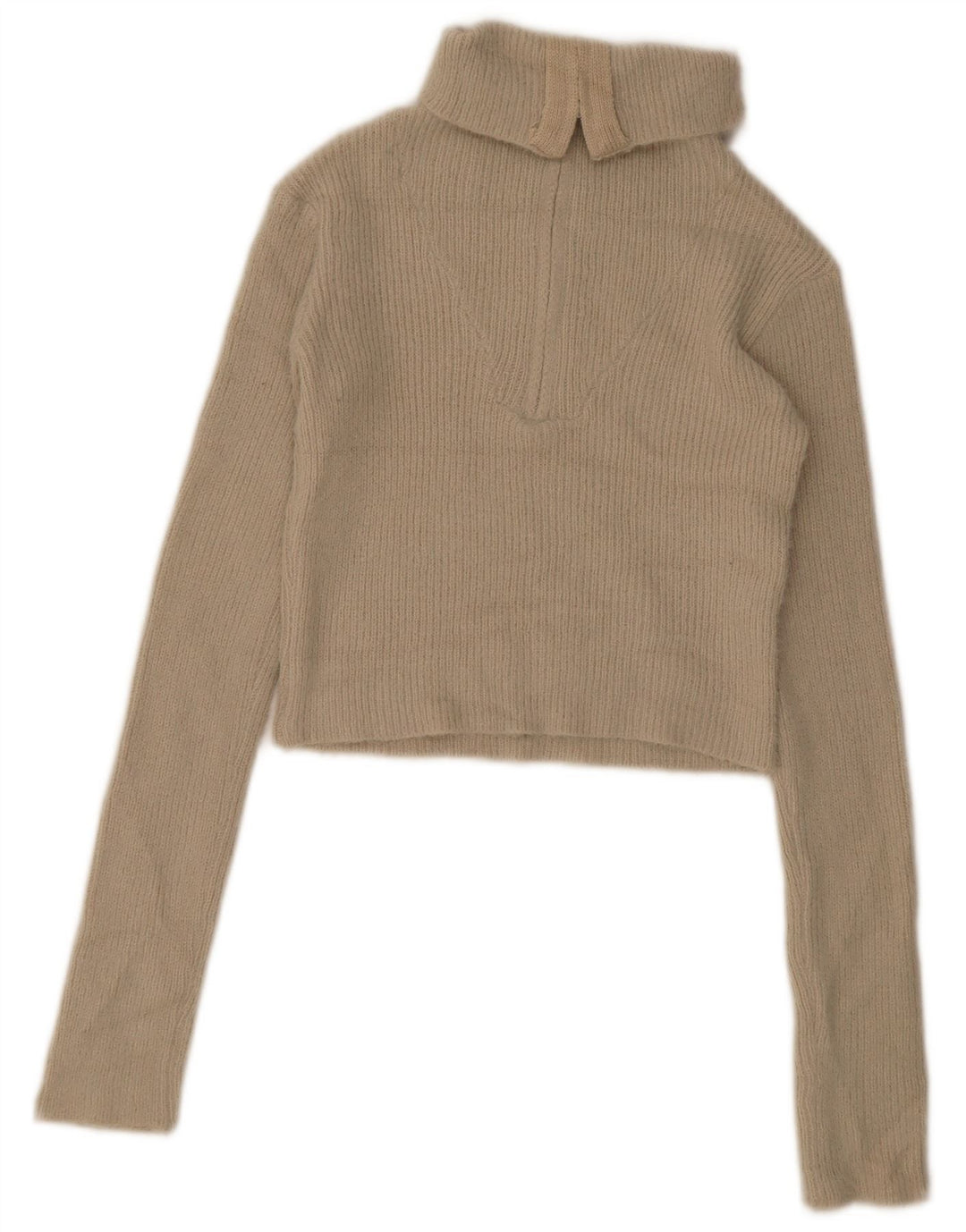 Zara Womens Crop Zip Neck Jumper Sweater UK 12 Medium Beige