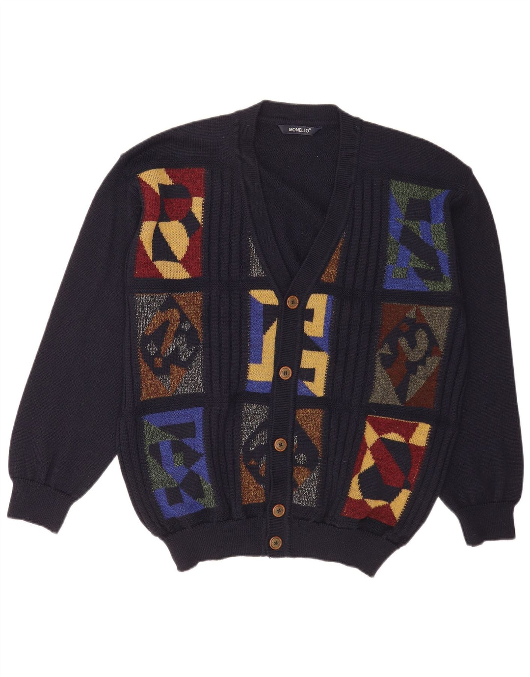 Monello Mens Cardigan Sweater Large Navy Blue Geometric
