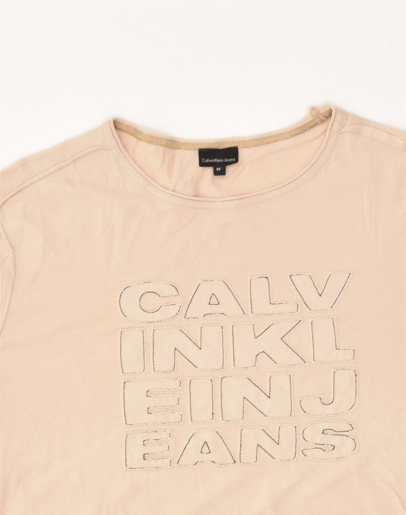 CALVIN KLEIN JEANS Womens Graphic T-Shirt Top UK 12 Medium Beige Cotton | Vintage Calvin Klein Jeans | Thrift | Second-Hand Calvin Klein Jeans | Used Clothing | Messina Hembry 