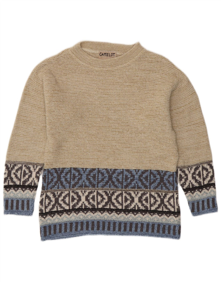 Camelot Womens Crew Neck Jumper Sweater UK 10 Small Beige Geometric