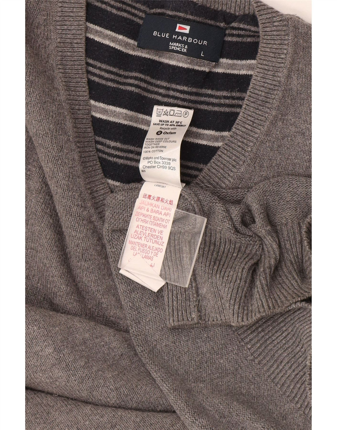 Marks & Spencer Mens Blue Harbour V-Neck Jumper Sweater Large Grey Cotton