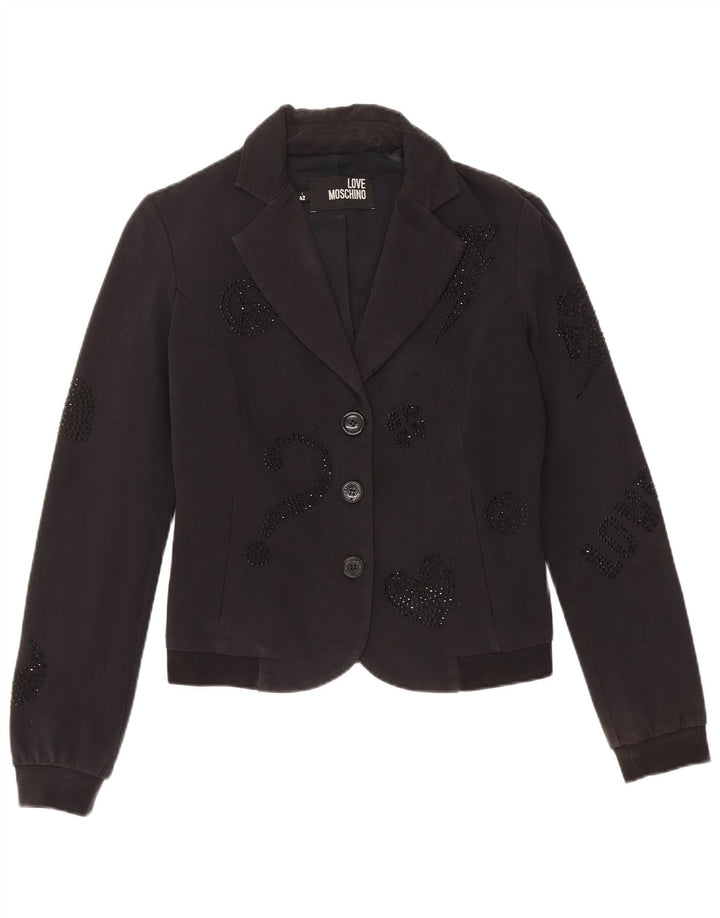 Moschino Womens Crop Graphic 3 Button Blazer Jacket UK 10 Small Black