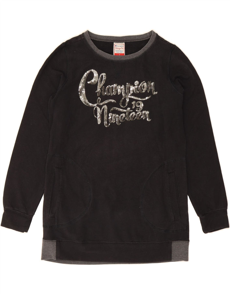 CHAMPION Womens Longline Graphic Sweatshirt Jumper UK 10 Small Black Vintage Champion and Second-Hand Champion from Messina Hembry 