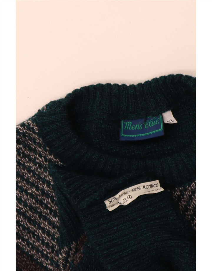 Vintage Mens Crew Neck Jumper Sweater XL Green Argyle/Diamond Wool
