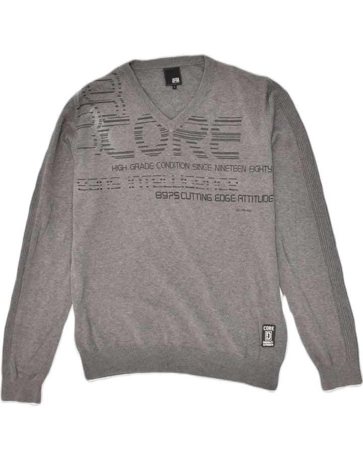 JACK & JONES Mens Graphic V-Neck Jumper Sweater Large Grey | Vintage Jack & Jones | Thrift | Second-Hand Jack & Jones | Used Clothing | Messina Hembry 