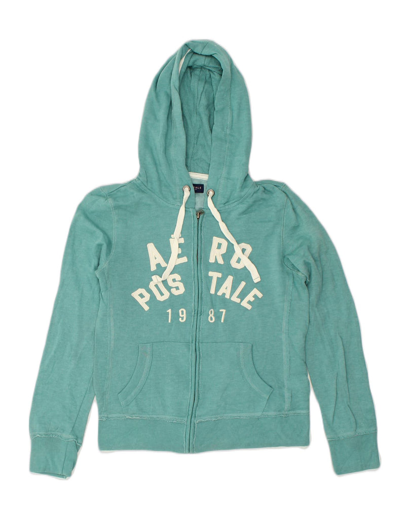 AEROPOSTALE Womens Graphic Zip Hoodie Sweater UK 14 Medium Green Cotton | Vintage Aeropostale | Thrift | Second-Hand Aeropostale | Used Clothing | Messina Hembry 