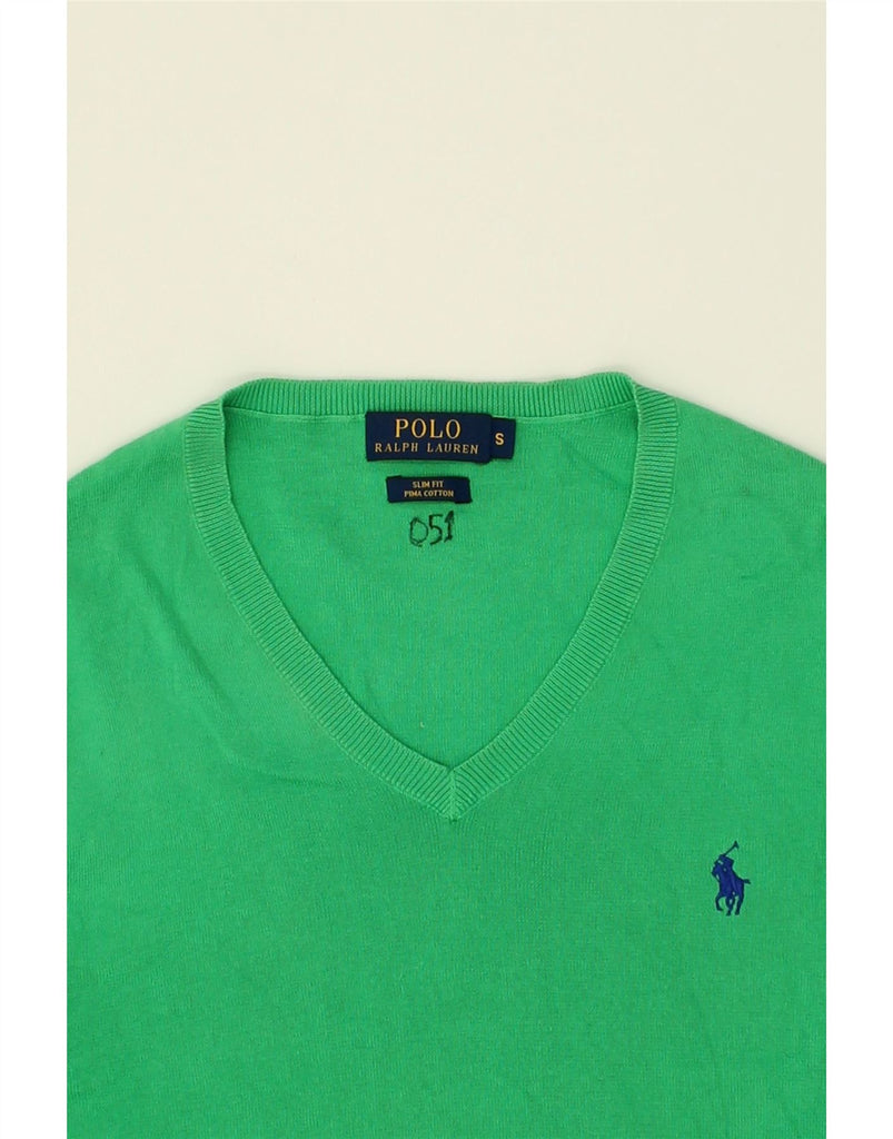 POLO RALPH LAUREN Mens Slim Fit V-Neck Jumper Sweater Small Green Cotton | Vintage Polo Ralph Lauren | Thrift | Second-Hand Polo Ralph Lauren | Used Clothing | Messina Hembry 