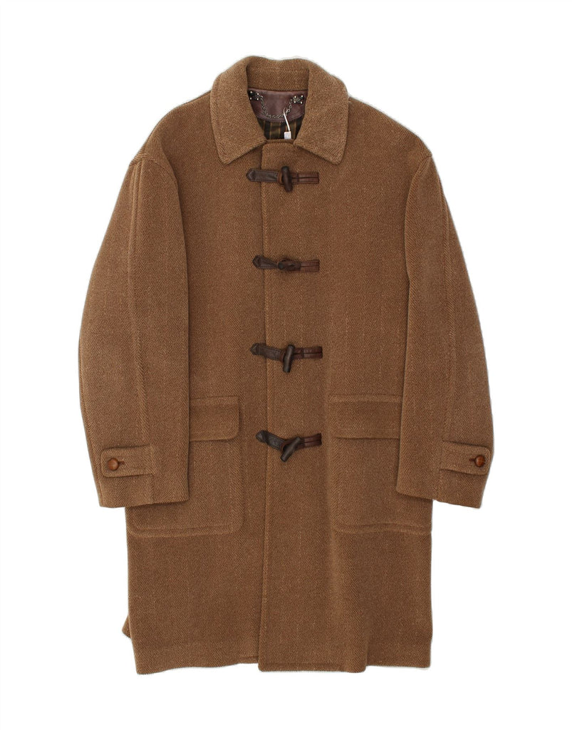 VINTAGE Mens Duffle Coat IT 46 Small Brown Herringbone Virgin Wool | Vintage Vintage | Thrift | Second-Hand Vintage | Used Clothing | Messina Hembry 