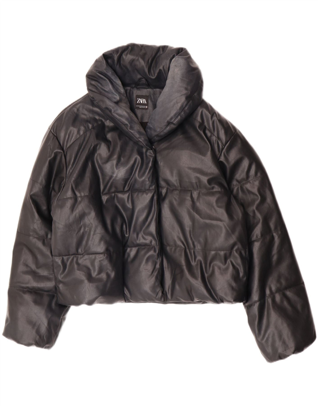 Zara Womens Oversized Faux Leather Padded Jacket UK 6 XS Black Polyurethane