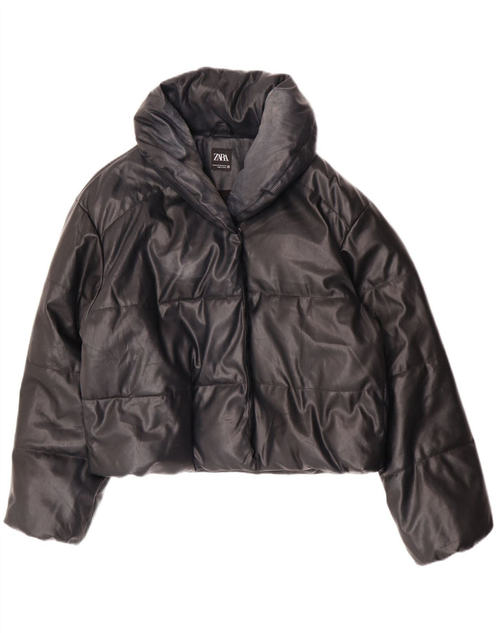 Zara Womens Oversized Faux Leather Padded Jacket UK 6 XS Black Polyurethane