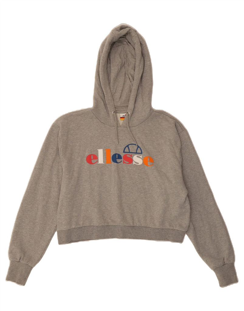 ELLESSE Womens Crop Graphic Hoodie Jumper UK 12 Medium Grey Cotton Vintage Ellesse and Second-Hand Ellesse from Messina Hembry 