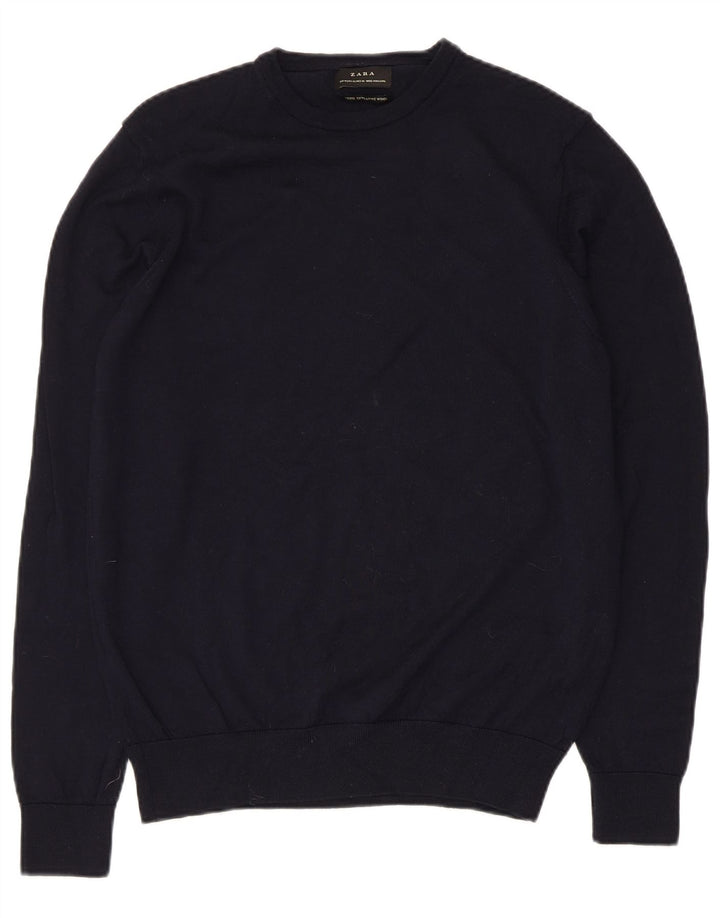 Zara Mens Crew Neck Jumper Sweater Medium Navy Blue Wool