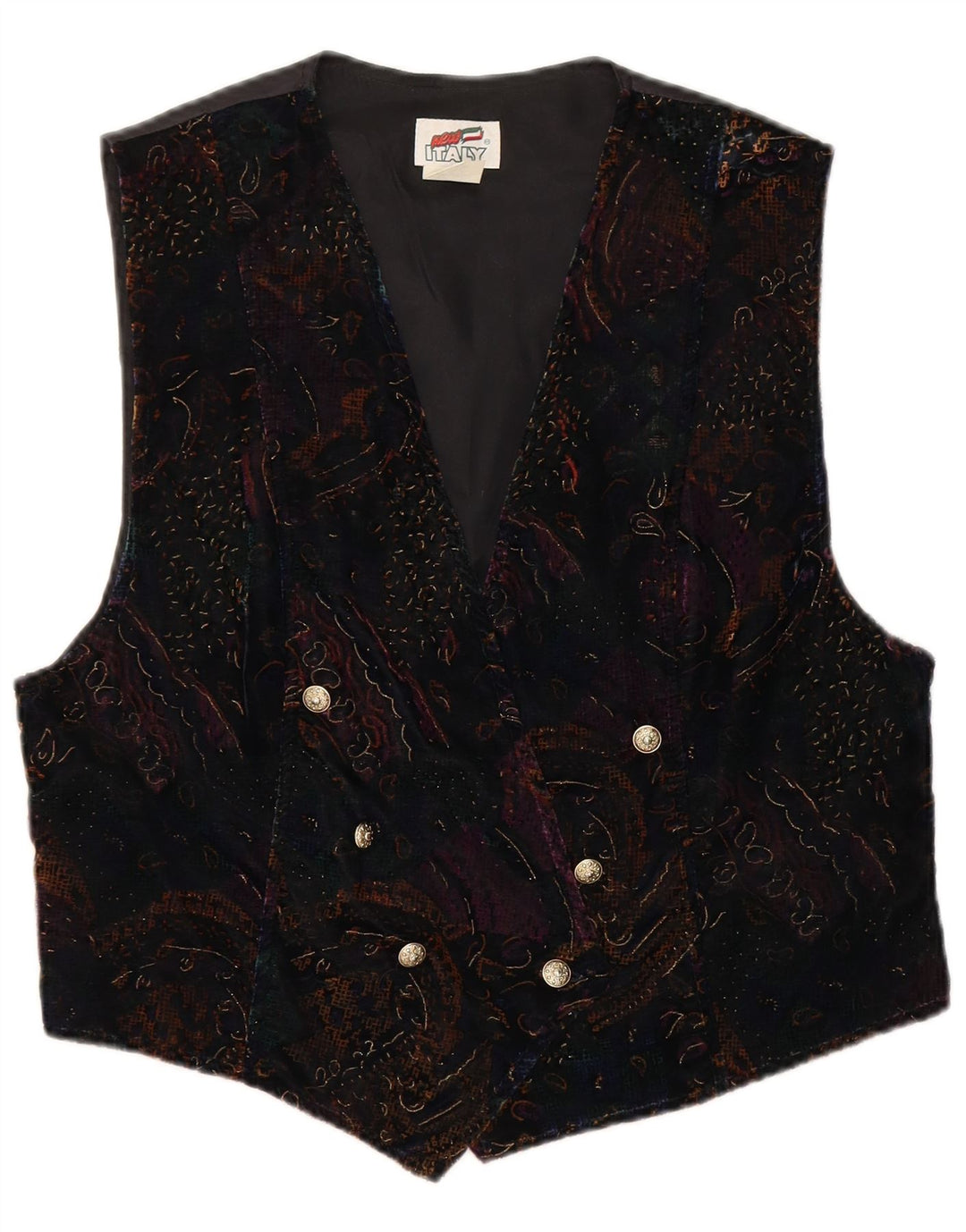 VINTAGE Womens Velvet Waistcoat UK 14 Medium Black Paisley Cotton