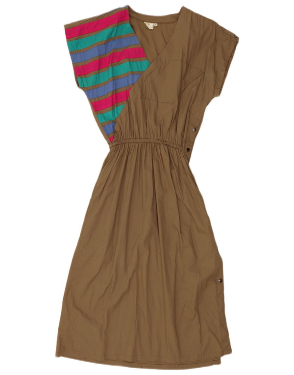 Vintage Womens A-Line Dress Size 44 Medium Khaki Striped Cotton