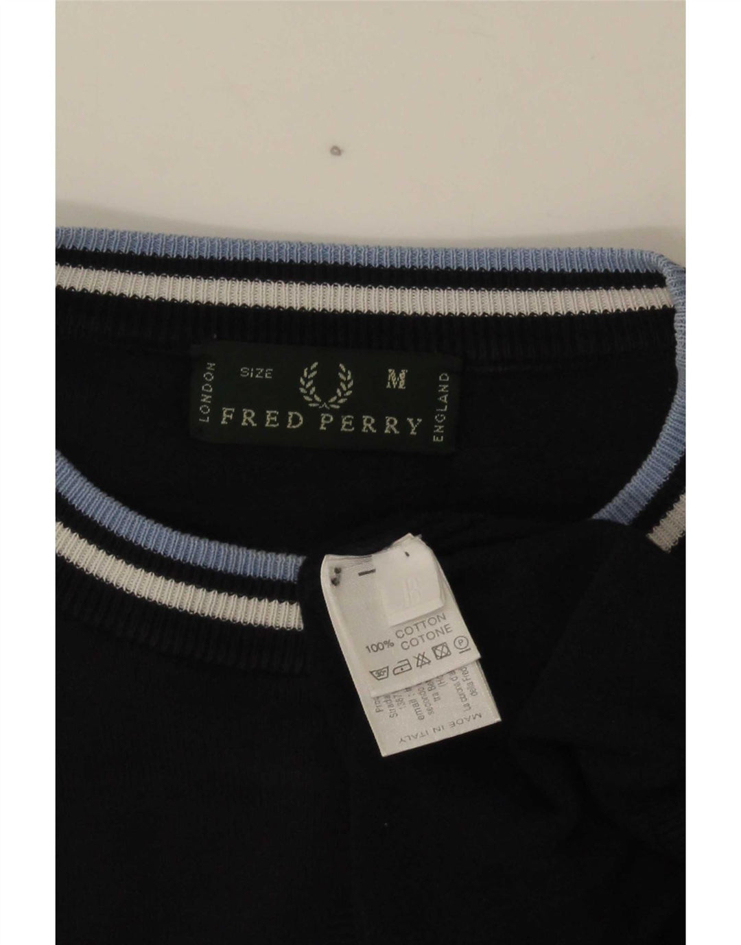 Fred Perry Mens Crew Neck Jumper Sweater Medium Navy Blue Striped Cotton