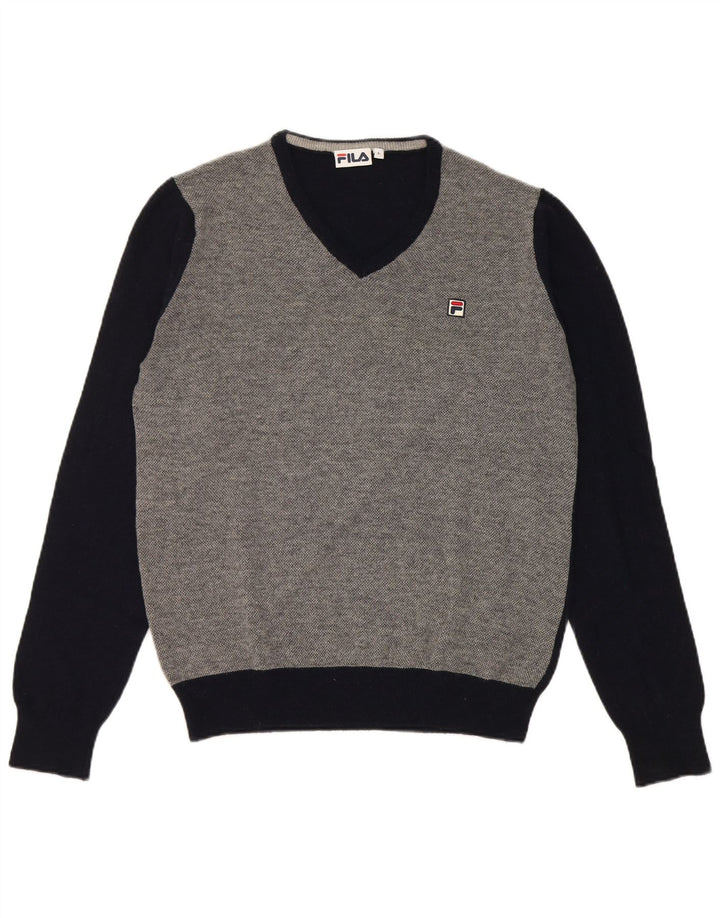 Fila Mens V-Neck Jumper Sweater Large Navy Blue Colourblock Lambswool