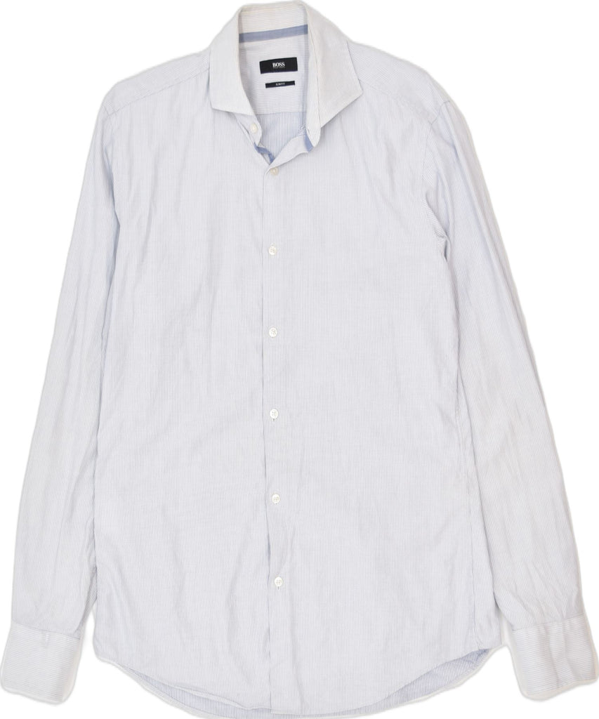 HUGO BOSS Mens Slim Fit Shirt Size 39 15 1/2 Medium Blue Striped Cotton | Vintage | Thrift | Second-Hand | Used Clothing | Messina Hembry 