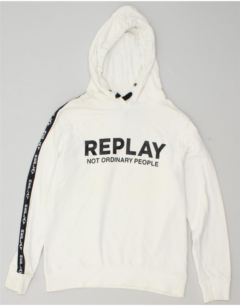 REPLAY Mens Graphic Hoodie Jumper Medium White Cotton | Vintage Replay | Thrift | Second-Hand Replay | Used Clothing | Messina Hembry 