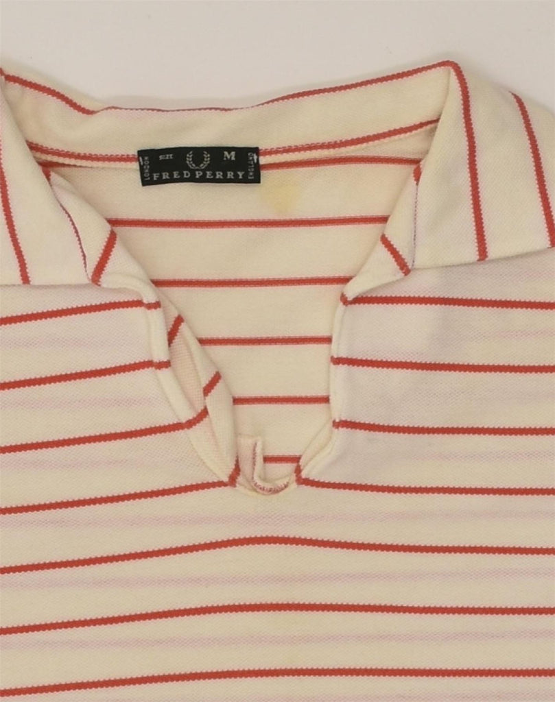 FRED PERRY Womens 3/4 Sleeve Polo Shirt UK 14 Medium White Striped Cotton | Vintage Fred Perry | Thrift | Second-Hand Fred Perry | Used Clothing | Messina Hembry 