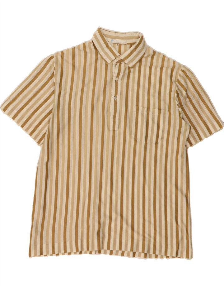 VINTAGE Mens Polo Shirt Large Beige Striped Cotton Vintage Vintage and Second-Hand Vintage from Messina Hembry 