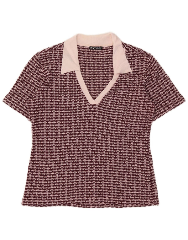 Zara Womens Polo Neck Jumper Sweater UK 14 Large Burgundy Geometric