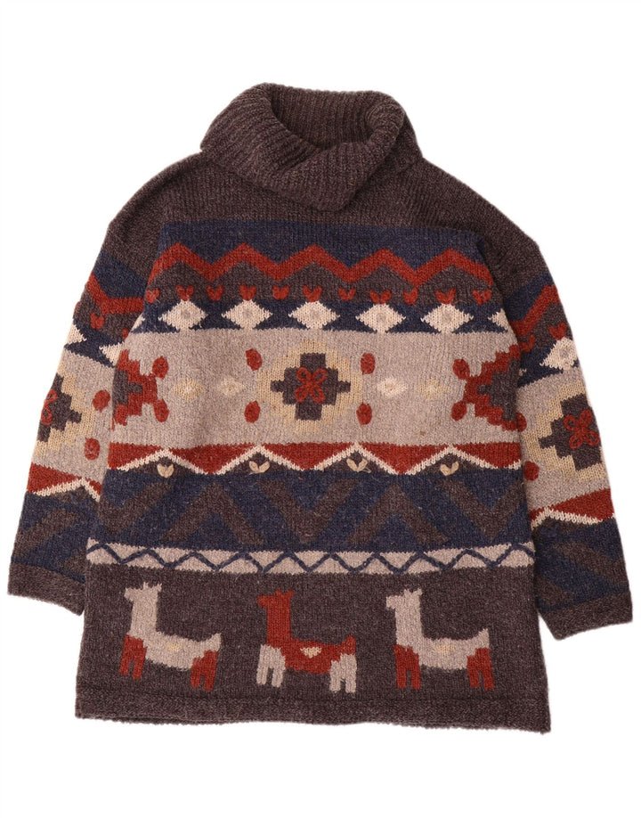 Vintage Mens Roll Neck Jumper Sweater One Size Grey Geometric Acrylic