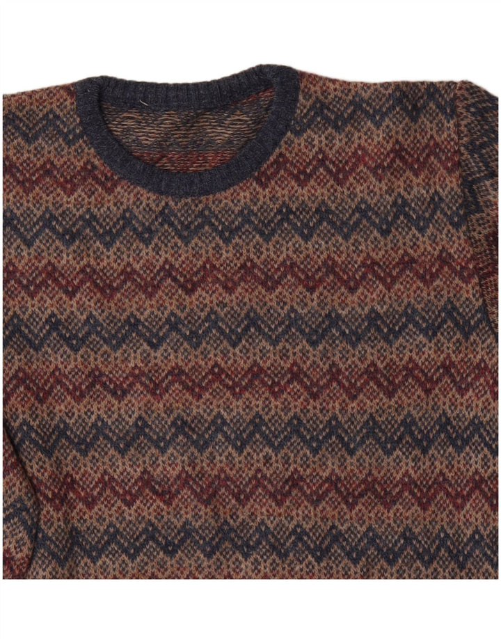 VINTAGE Mens Crew Neck Jumper Sweater Medium Brown Chevron Acrylic