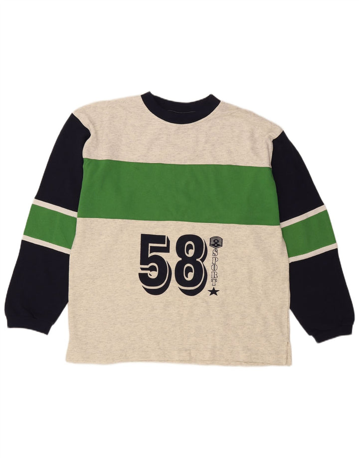 Vintage Mens Graphic Top Long Sleeve Large Grey Colourblock