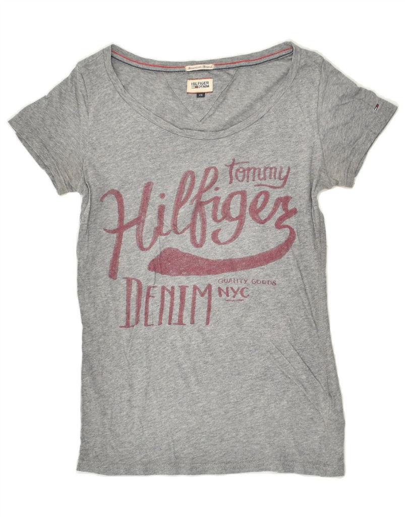 TOMMY HILFIGER Womens Graphic T-Shirt Top UK 6 XS Grey Cotton | Vintage Tommy Hilfiger | Thrift | Second-Hand Tommy Hilfiger | Used Clothing | Messina Hembry 