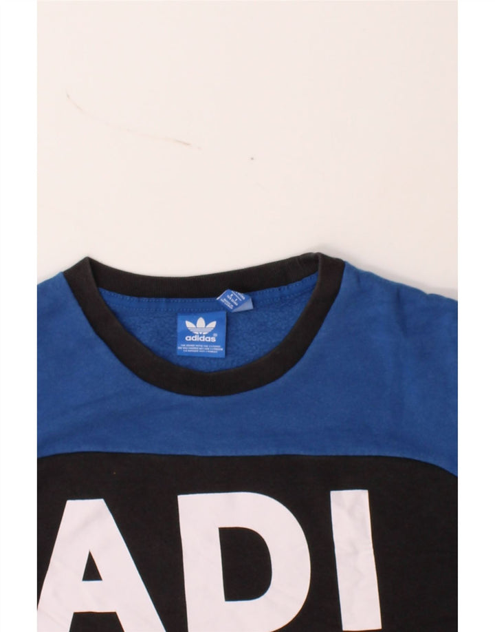 ADIDAS Boys Graphic Sweatshirt Jumper 13-14 Years Blue Colourblock Vintage Adidas and Second-Hand Adidas from Messina Hembry 