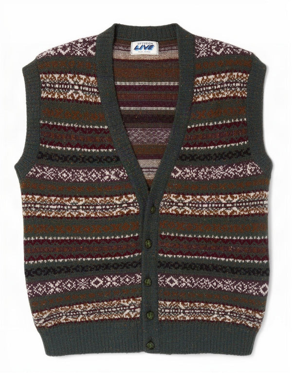 Vintage Mens Sleeveless Cardigan Sweater XL Green Fair Isle