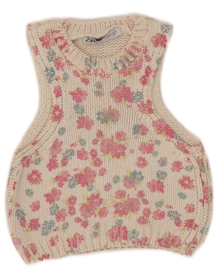Zara Womens Crop Vest Tank Top UK 10 Small White Floral Polyester