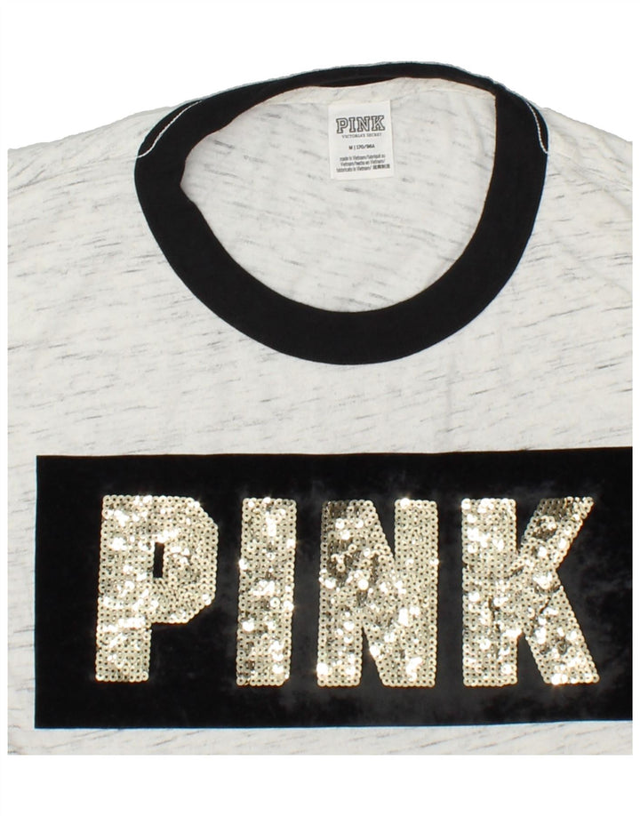PINK Womens Graphic Top Long Sleeve UK 14 Medium Off White Flecked Cotton Vintage Pink and Second-Hand Pink from Messina Hembry 