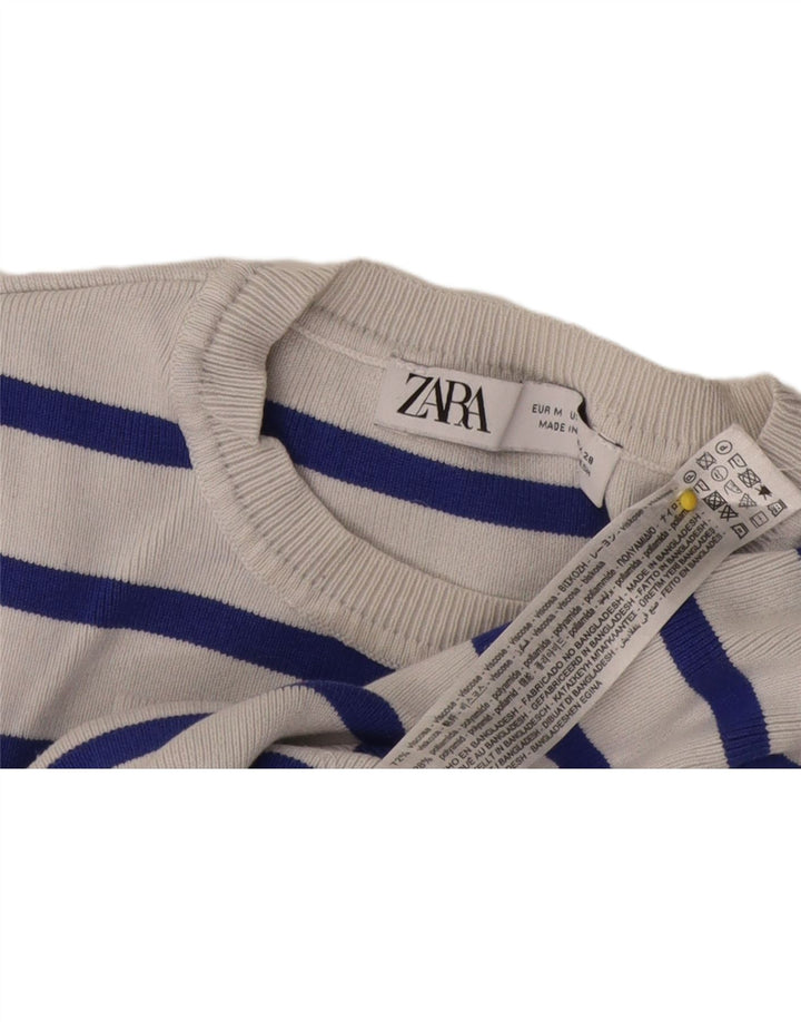 Zara Womens Crop T-Shirt Top UK 12 Medium White Striped Viscose