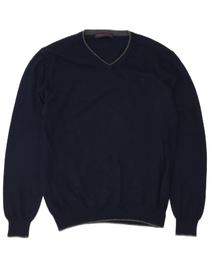 Trussardi Jeans Mens V-Neck Jumper Sweater Medium Navy Blue Cotton