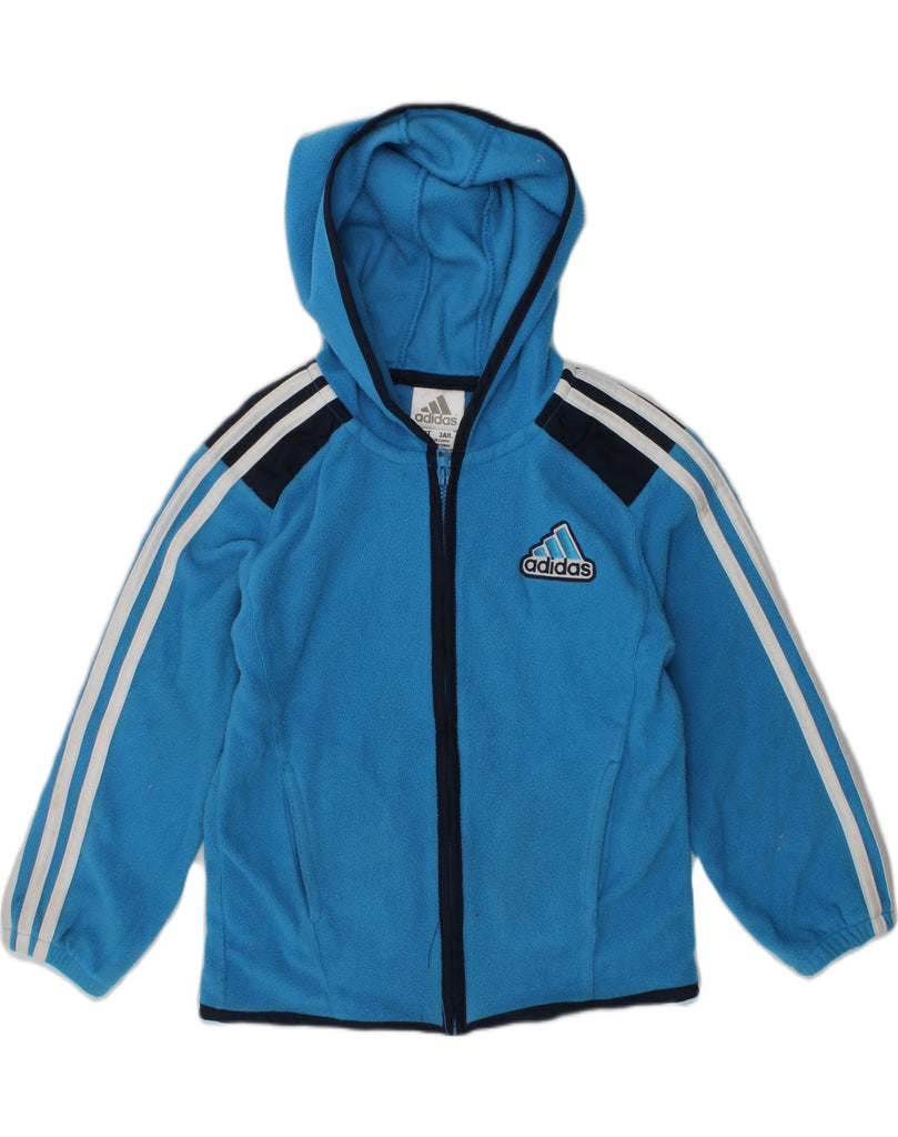 ADIDAS Boys Hooded Fleece Jacket 2-3 Years Blue Colourblock Polyester | Vintage Adidas | Thrift | Second-Hand Adidas | Used Clothing | Messina Hembry 