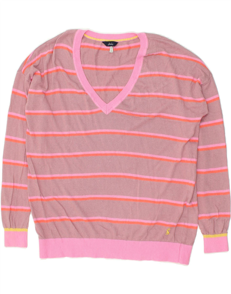 JOULES Womens Loose Fit V-Neck Jumper Sweater UK 12 Medium Pink Striped | Vintage Joules | Thrift | Second-Hand Joules | Used Clothing | Messina Hembry 