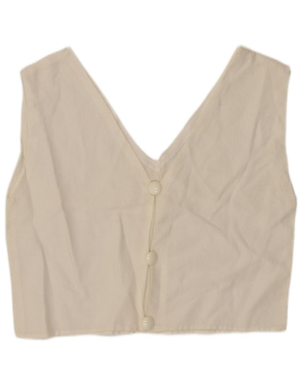 VINTAGE Womens Crop Sleeveless Shirt Blouse UK 12 Medium White
