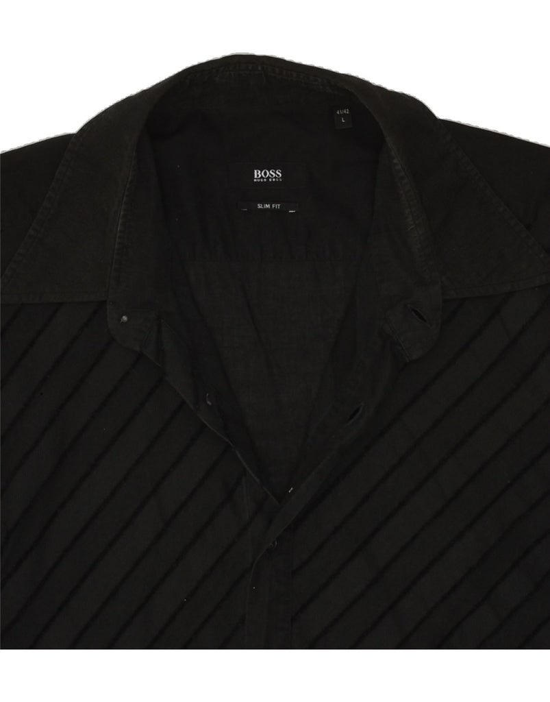 HUGO BOSS Mens Slim Fit Shirt Size 41/42 Large Black Striped Cotton | Vintage Hugo Boss | Thrift | Second-Hand Hugo Boss | Used Clothing | Messina Hembry 