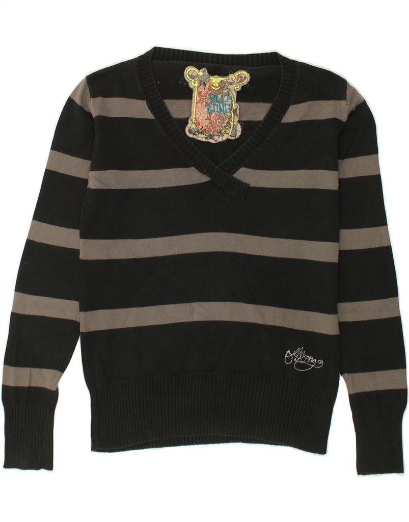 BILLABONG Womens V-Neck Jumper Sweater UK 12 Medium Black Striped Cotton | Vintage Billabong | Thrift | Second-Hand Billabong | Used Clothing | Messina Hembry 